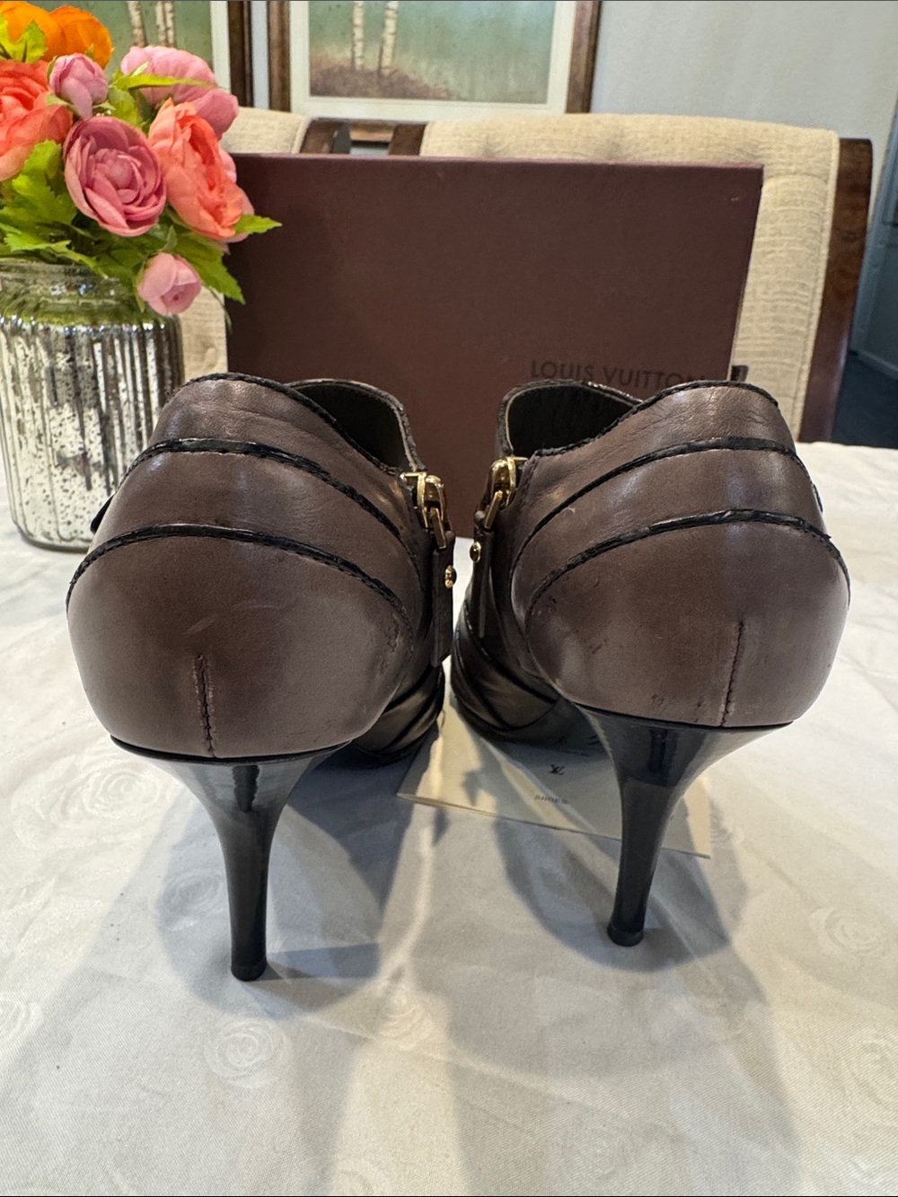 Authr Louis Vuitton Taupe Peep-Toe Leather Ankle Booties with Gold-Tone Buckle - Picture 4 of 15